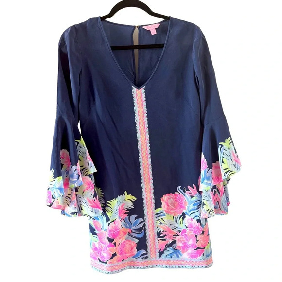 Lilly Pulitzer Dresses & Skirts - Lilly Pulitzer Silk Bell Sleeve Dress Navy Floral V-Neck Size S - Minor Flaws